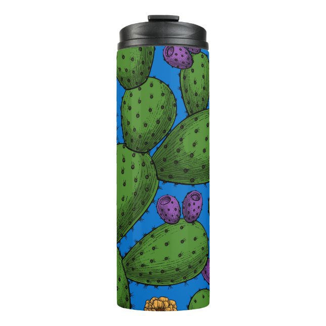 Blühende Opuntia auf blau Thermosbecher (Vorderseite)