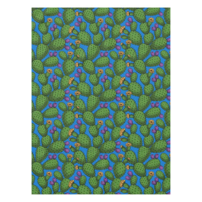 Blühende Opuntia auf blau Tischdecke (Vorderseite)