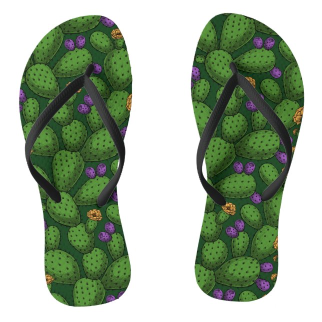 Blühende Opuntia auf dunkelgrün Flip Flops (Fußbett)
