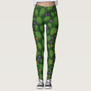 Blühende Opuntia auf dunkelgrün Leggings
