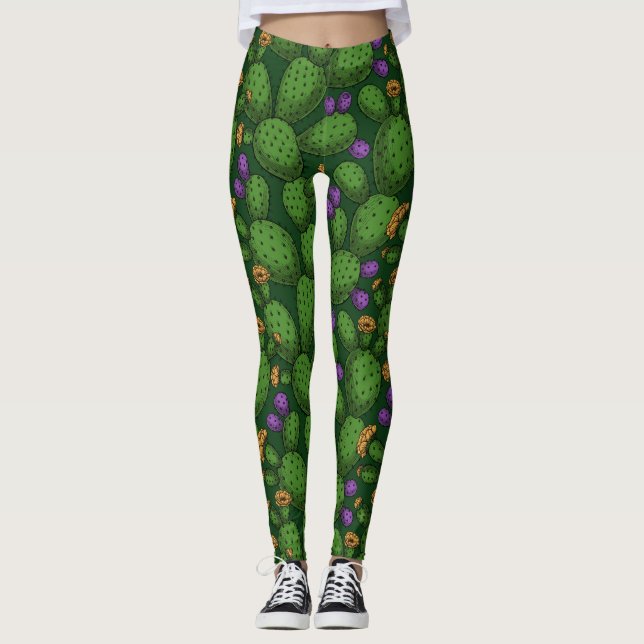 Blühende Opuntia auf dunkelgrün Leggings (Vorderseite)