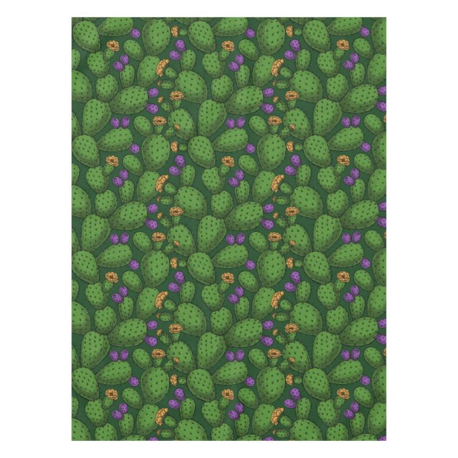 Blühende Opuntia auf dunkelgrün Tischdecke (Vorderseite)