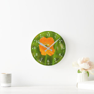 Blühende Orange Mohnblume Foto auf Grün Runde Wanduhr