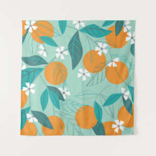 Blühende Orangen, Blätter, Vintage Kunst. Wandteppich