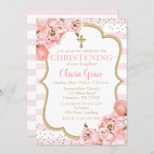 Blühende Peonies Rosa Blush & Gold Christening Einladung
