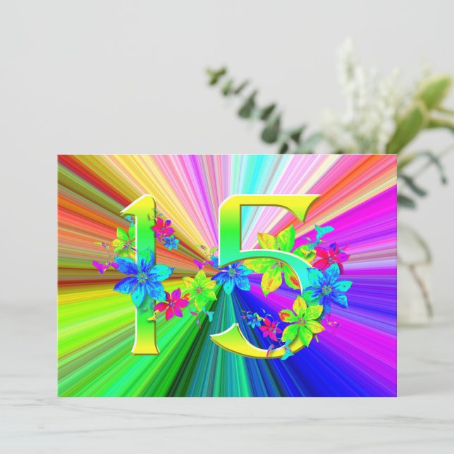 Blühende Regenbogen-Blume für den 15. Geburtstag Karte (Stehend Vorderseite)