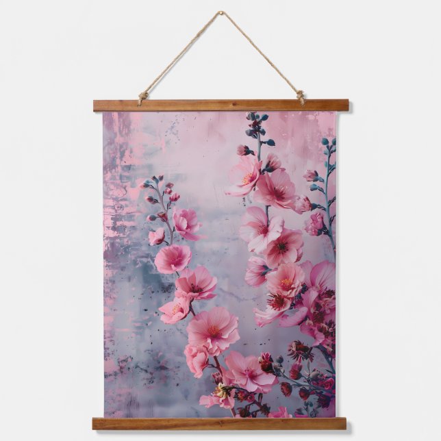 Blühende rosa Blume Wandteppich Mit Holzrahmen (Vorderseite)