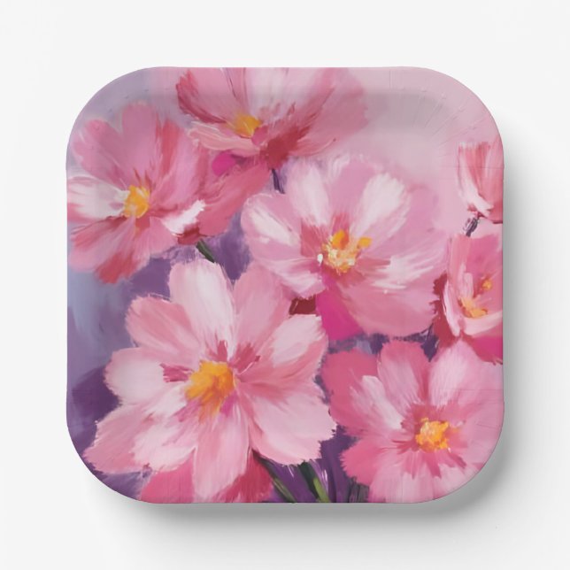Blühende rosa Blütenblätter | Blumenmalerei Aquare Pappteller (Vorderseite)