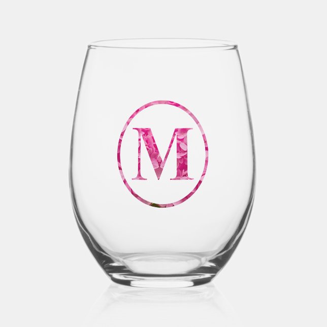 Blühende rosa Floral Monogram Buchstaben Art "M" Weinglas Ohne Stiel (Vorderseite)