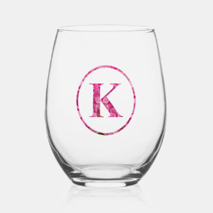 Blühende rosa Floral Monogram Lettering Art "K" Weinglas Ohne Stiel