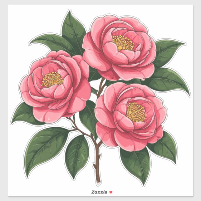 Blühende rosa Kamelienblüten mit grünen Blättern Aufkleber (Blatt)