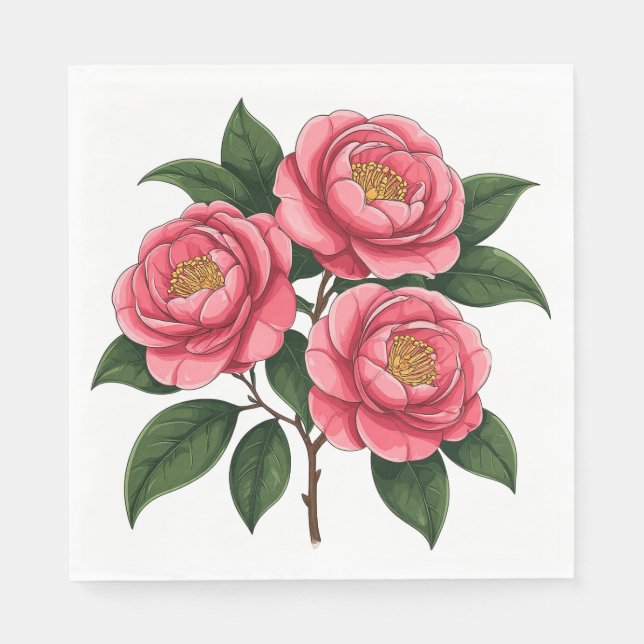 Blühende rosa Kamelienblüten mit grünen Blättern Serviette (Vorderseite)