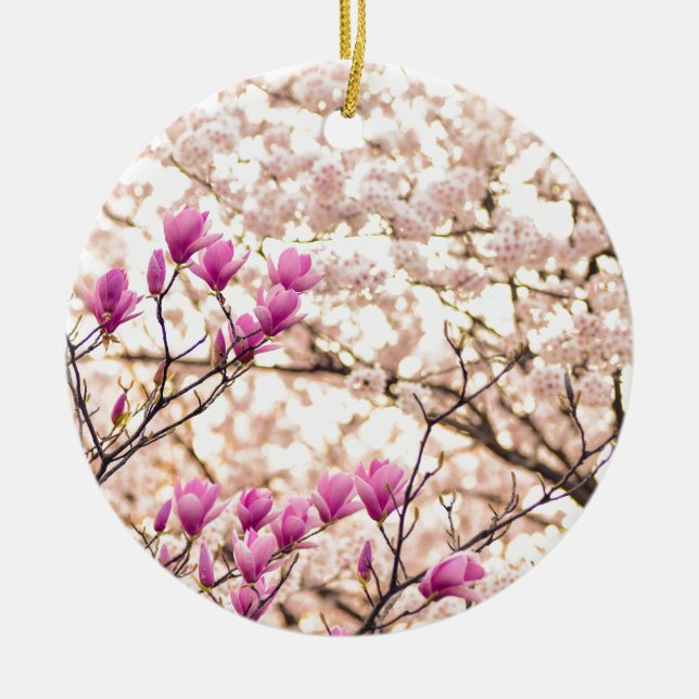Blühende rosa Lila Magnolias-Frühlingsszene Blume Keramik Ornament (Vorne)