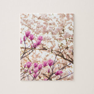 Blühende rosa Lila Magnolias-Frühlingsszene Blume Puzzle