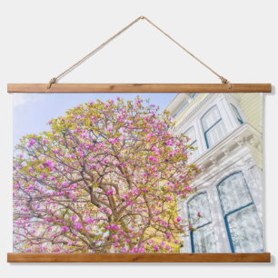 Blühende rosa Magnolienblüten Wandteppich Mit Holzrahmen