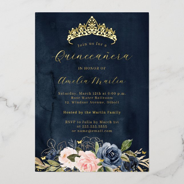 Blühende rosa Navy Blumenschmetterling Quinceanera Folieneinladung (Vorderseite)