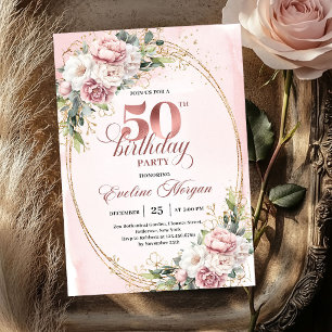 Blühende Rose Gold Eukalyptus 50. Geburtstagsfeier Einladung