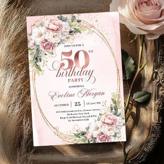 Blühende Rose Gold Eukalyptus 50. Geburtstagsfeier Einladung