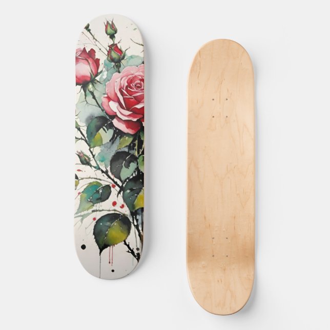 Blühende Rose Wasserfarbe Skateboard (Vorderseite)