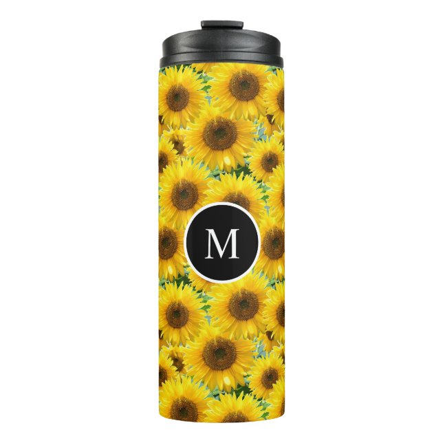 Blühende Sonnenblumen und Monogramm Thermosbecher (Vorderseite)