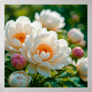 Blühende weiße Pfingstrosen für elegante Gartendek Poster