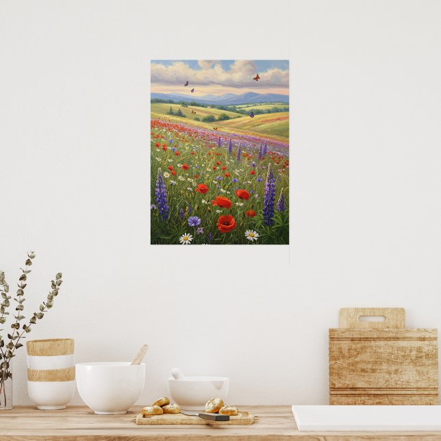 Blühende Wiesenlandschaftsmalerei Kunst Poster (Küche)