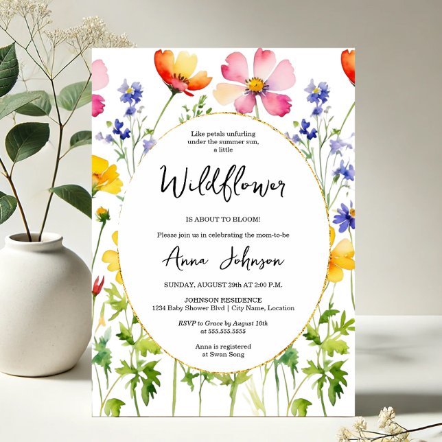 Blühende Wildblume Kinderdusche Einladung (Elegant blooming wildflower baby shower invitation front view)