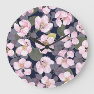 Blühender Apfel: Dunkelblaue Wasserfarbe Große Wanduhr