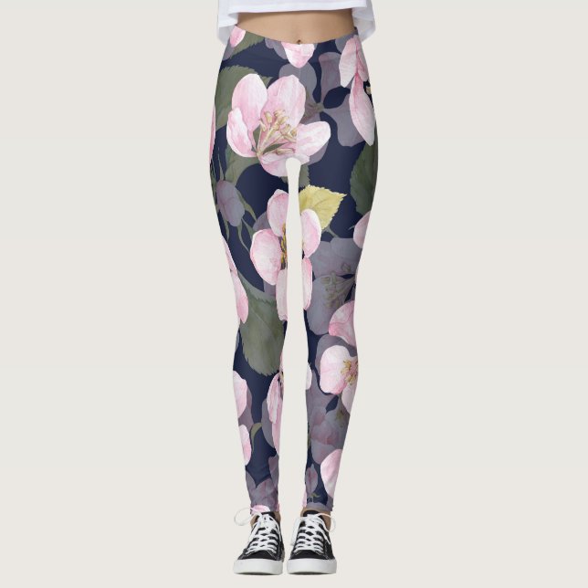 Blühender Apfel: Dunkelblaue Wasserfarbe Leggings (Vorderseite)