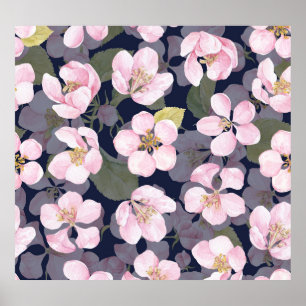 Blühender Apfel: Dunkelblaue Wasserfarbe Poster