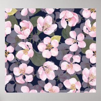 Blühender Apfel: Dunkelblaue Wasserfarbe Poster