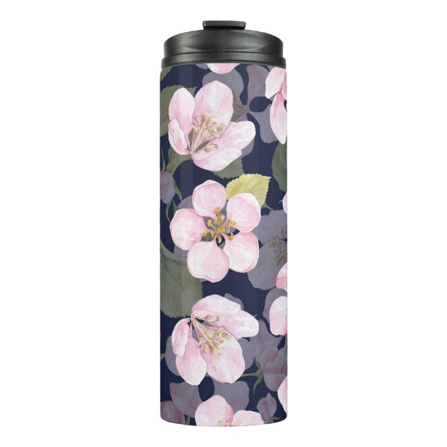 Blühender Apfel: Dunkelblaue Wasserfarbe Thermosbecher (Vorderseite)