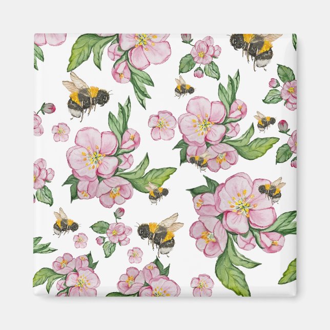 Blühender Apfelgarten mit Bienen-Aquarell Magnet (Vorne)