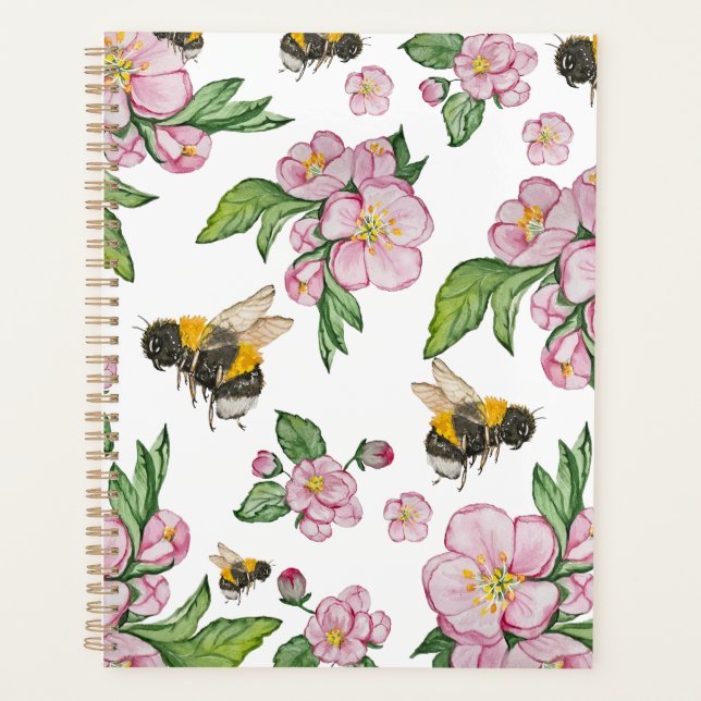 Blühender Apfelgarten mit Bienen-Aquarell Planer (Vorderseite)