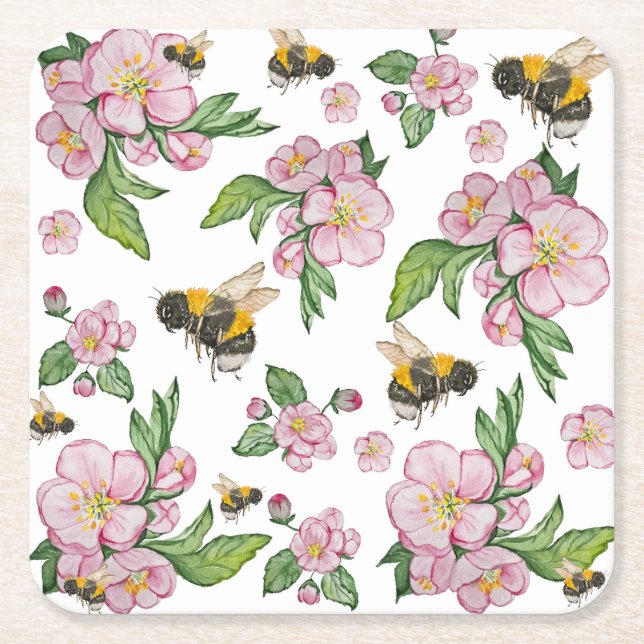 Blühender Apfelgarten mit Bienen-Aquarell Rechteckiger Pappuntersetzer (Vorderseite)