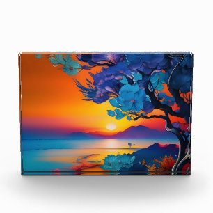 Blühender Baum am See bei Sonnenaufgang Fotoblock