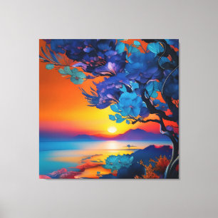 Blühender Baum am See bei Sonnenaufgang Leinwanddruck