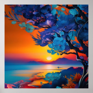 Blühender Baum am See bei Sonnenaufgang Poster