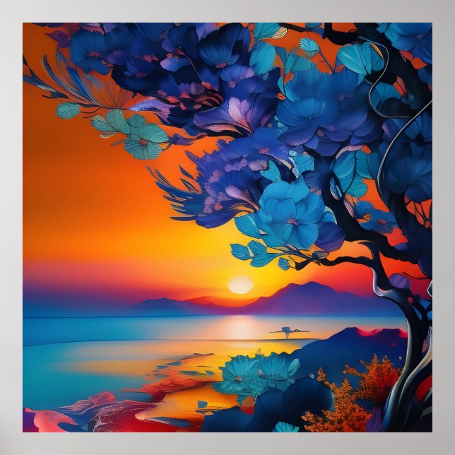 Blühender Baum am See bei Sonnenaufgang Poster (Vorne)