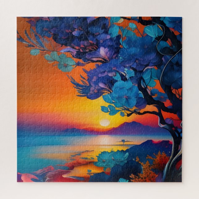 Blühender Baum am See bei Sonnenaufgang Puzzle (Vertikal)