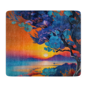 Blühender Baum am See bei Sonnenaufgang Schneidebrett