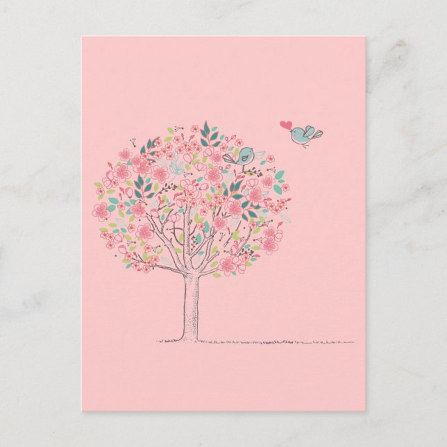 Blühender Baum und Vögel in Liebe Postkarte (Vorderseite)