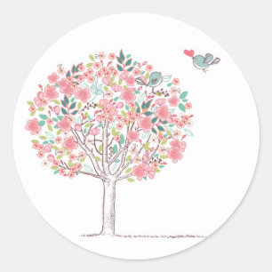 Blühender Baum und Vögel in Liebe Runder Aufkleber