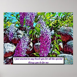 Blühender Garten mit lila Blumen Poster