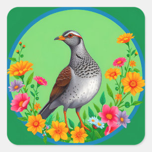 🐦 Blühender Garten Vogel Bunte Blumen Grün Quadratischer Aufkleber