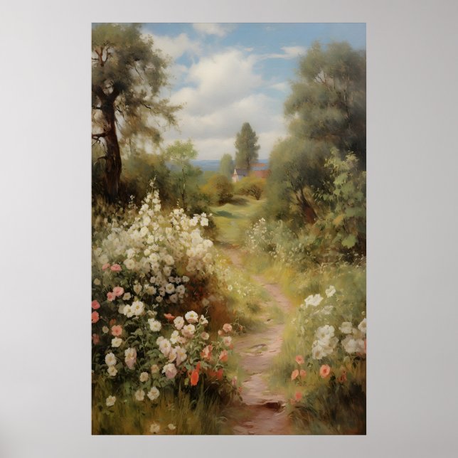 Blühender Gartenweg Vintage Frühling, Antikes Öl Poster (Vorne)