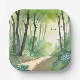 Blühender grüner Wald | Natur-Aquarell Pappteller