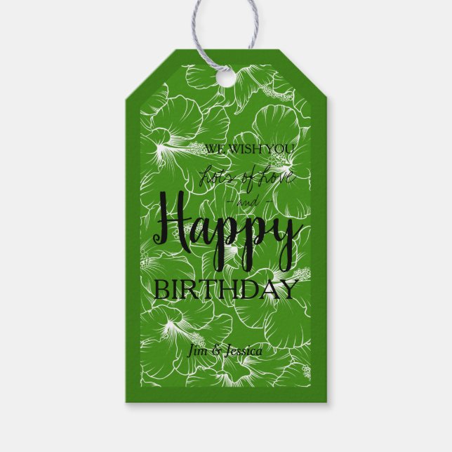 Blühender Hibiskus Blumenkizze Grün Geschenkanhänger (Vorderseite)