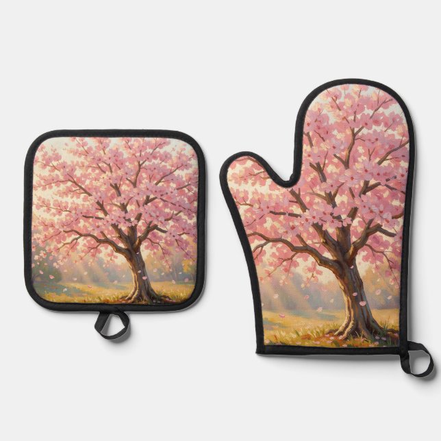Blühender Kirschblütenbaum Frühling Ofenhandschuh & Topflappen-Set (Vorderseite)