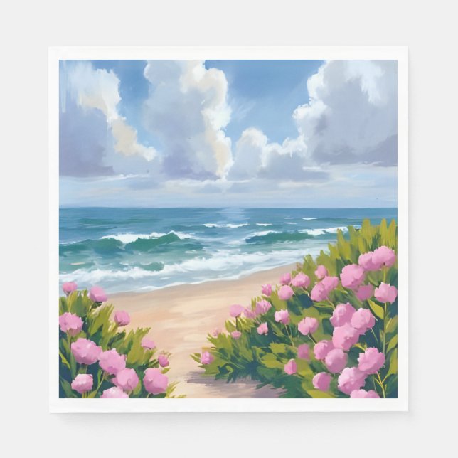 Blühender Strand | Rosa Hortensien am Ozeanstrand  Serviette (Vorderseite)